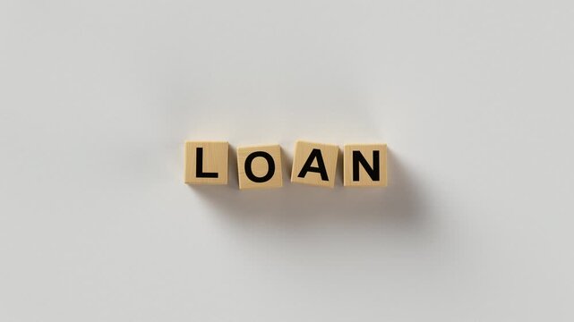 Loan Word Spelled with Wooden Letter Blocks. Concept representing finance, debt, borrowing money, and banking. 3D render animation