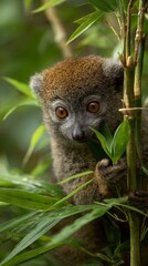 Fototapeta premium Curious lemur nestled among lush green bamboo leaves, peering with large amber eyes in a dense tropical forest setting, capturing the essence of Madagascar's unique wildlife