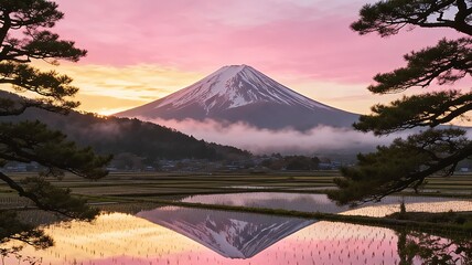 Fototapeta premium Mount Fuji Misty Sunrise Golden Pink Sky Reflection Rice Field Japan