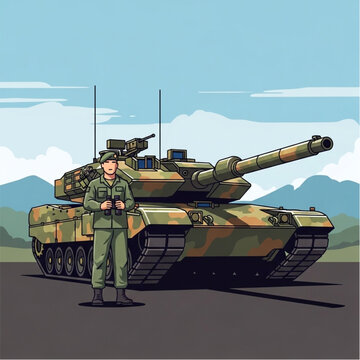Soldier Standing Beside Military Tank Vehicle.