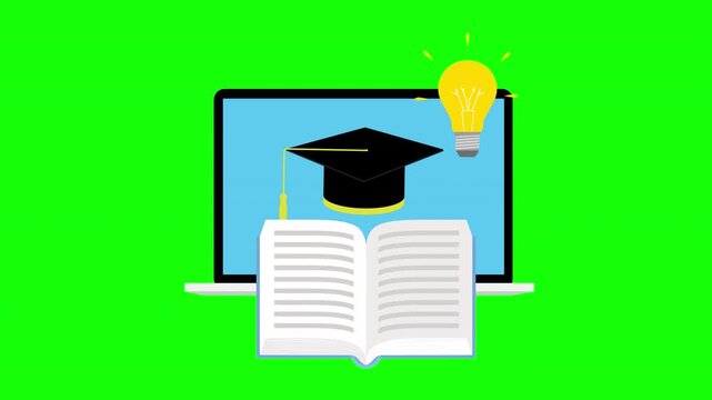Animated Online Education Graduation Cap and Open Book for E Learning Concept Motion Loop on Alpha Channel