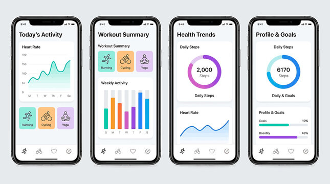 Modern mobile application user interface displaying comprehensive health and fitness tracking data dashboards for digital wellness and progress monitoring
