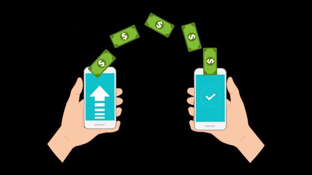 Mobile Money Transfer Between Smartphones Animation Loop for Online Payment Concept with Alpha Channel