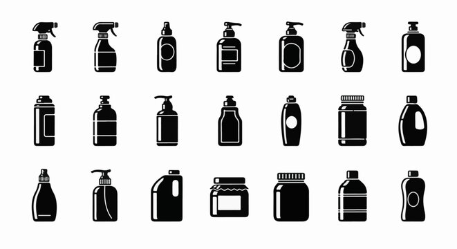 Collection of various black liquid containers, bottles, and jars