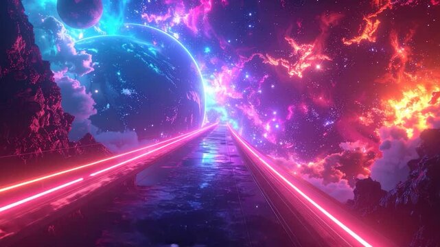 Cosmic path leads through a neon-lit galaxy with planets and celestial wonders