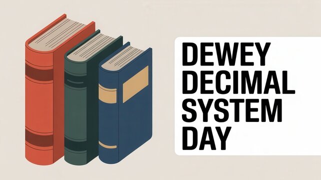 Illustration of three books on a light beige background with text "DEWEY DECIMAL SYSTEM DAY"