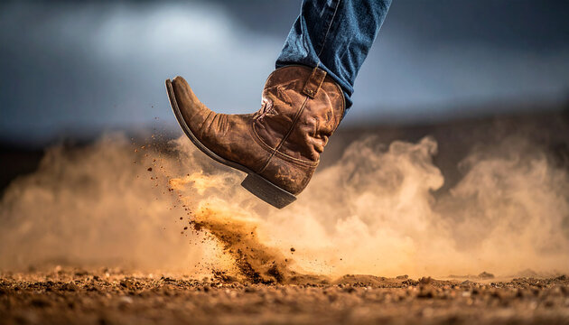 Cowboy boot stomping down kicking up dust and dirt in a dry arid landscape with dramatic cloudy sky