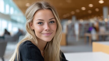 Obraz premium Blonde female student looking at the camera with a bright smile, in a modern library. 