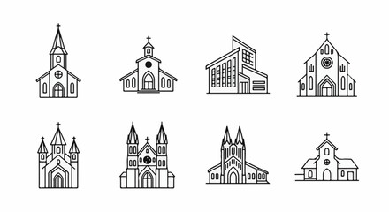 Fototapeta premium Collection of eight distinct line art icons depicting churches with varied architectural styles