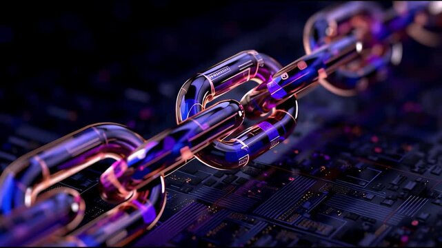 A close-up of a neon transparent chain on an electronic board, representing the concept of blockchain, digital communication, cybersecurity, and reliable data transmission.