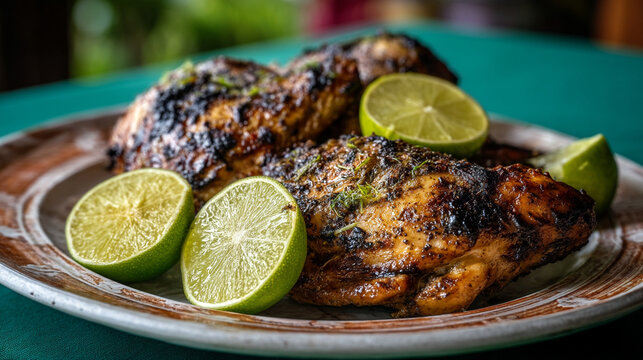 Grilled charred chicken platter garnished with fresh lime halves, barbecue