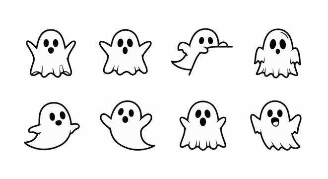 Collection of eight simple, cartoon-style ghosts with black outlines and features