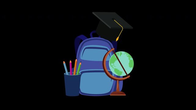 Education Backpack with Globe and Graduation Cap Animation Loop for Academic Success Concept with Alpha Channel
