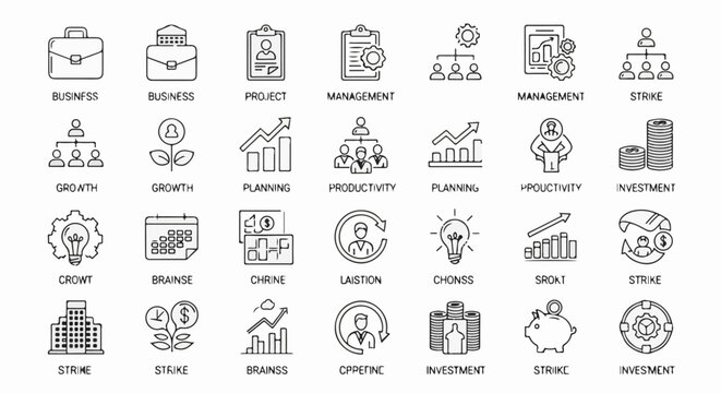 Collection of hand-drawn icons representing business concepts, finance, and growth strategies