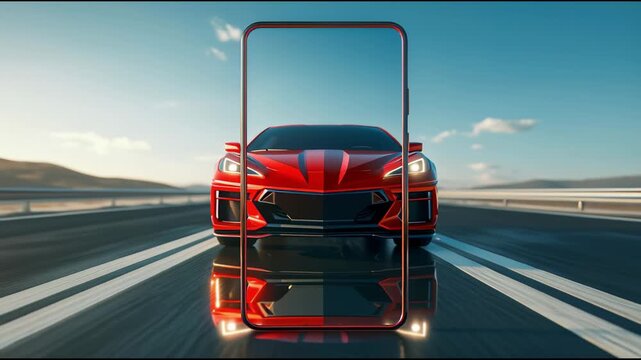 A red car is driving on the highway, straight at the viewer in a vertical smartphone, a concept of mobile technology, online car control, and car apps.
