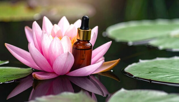 A serene scene of a dropper bottle on a pink lotus flower floating on a pond with green lily pads.