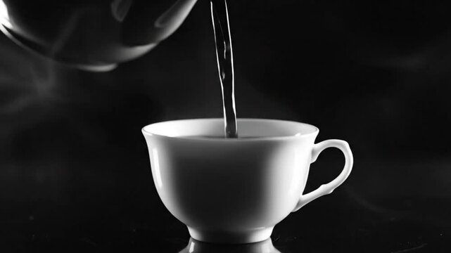 Black and white close up of a teapot pouring tea into a white teacup with steam against a dark background