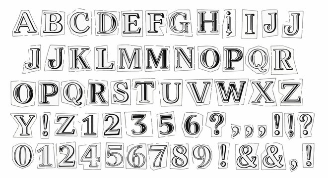 Collage of torn letters, numbers, and punctuation marks on white background