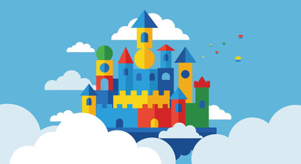 Colorful Cartoon Castle Above Clouds. © Hedasa