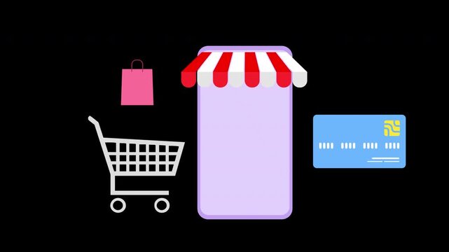 Mobile Ecommerce Shopping Cart and Credit Card Animation Loop for Online Retail Concept with Alpha Channel