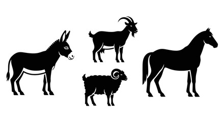 Obraz premium Farm Animals Silhouettes: Donkey, Goat, Sheep, and Horse Vector Icons