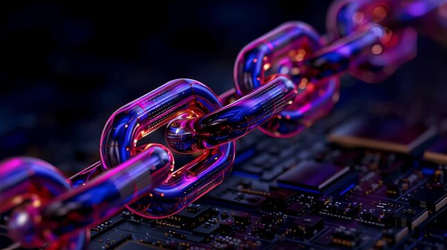 A close-up of a neon transparent chain on an electronic board, representing the concept of blockchain, digital communication, cybersecurity, and reliable data transmission.