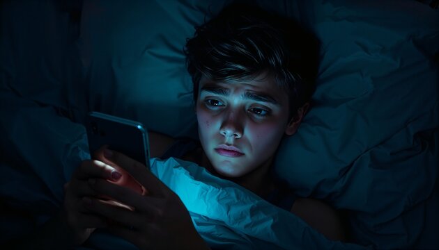 Ultra realistic cinematic scene of a teenager in bed at 3am, face lit by smartphone glow, showing exhaustion and insomnia in a dark room with addiction concept, shot in 35mm lens style.