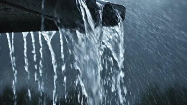 Heavy rain flows from a dark roof gutter