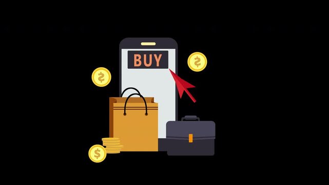 Mobile Online Shopping Buy Button Animation with E Commerce Payment Icons Loop with Alpha Channel