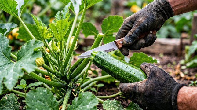 Hands harvesting a fresh green zucchini.