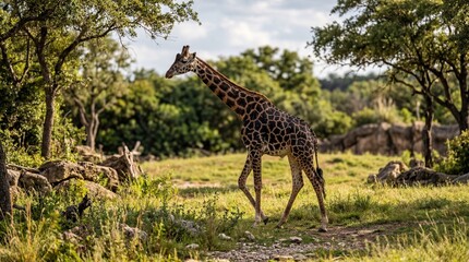 Fototapeta premium Adult giraffe walking through a grassy African savanna landscape at sunset