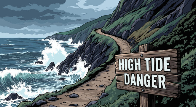 High tide danger warning sign board.