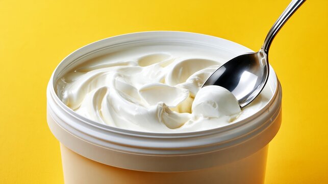 Creamy white yogurt in a round plastic container with a metal spoon resting on top against a bright yellow background
