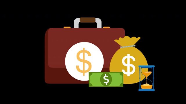 Finance Briefcase and Money Bag Animation with Time Investment Concept Loop with Alpha Channel