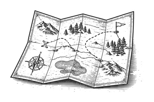 Vintage engraving style folded treasure map vector illustration with topographic details, adventure navigation and exploration route concept for travelers.