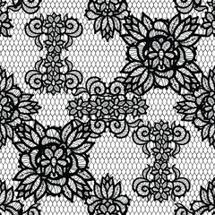 Elegant lace floral seamless pattern vector illustration in black and white, featuring a repeating textile design with intricate flowers and net elements © lolya1988