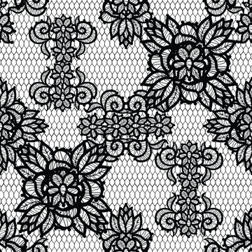 Elegant lace floral seamless pattern vector illustration in black and white, featuring a repeating textile design with intricate flowers and net elements