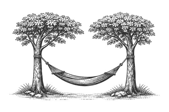 Hand drawn hammock hanging between two trees vector illustration in vintage woodcut style, relaxing summer vacation and outdoor leisure time concept.