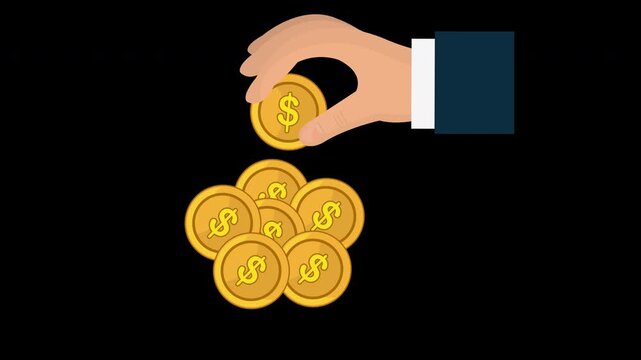 Hand Placing Gold Coins Animation Investment Savings Loop with Alpha Channel