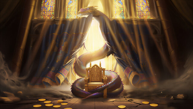 A majestic dragon sits on a throne in a grand, ornate room with stained glass windows and a radiant glow.