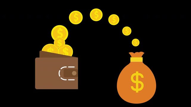 Wallet to Money Bag Transfer Animation Loop Financial Growth Concept with Alpha Channel