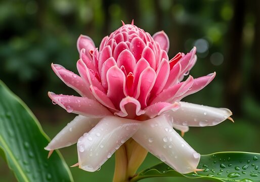 Close-up of a beautiful pink torch ginger flower in bloom.