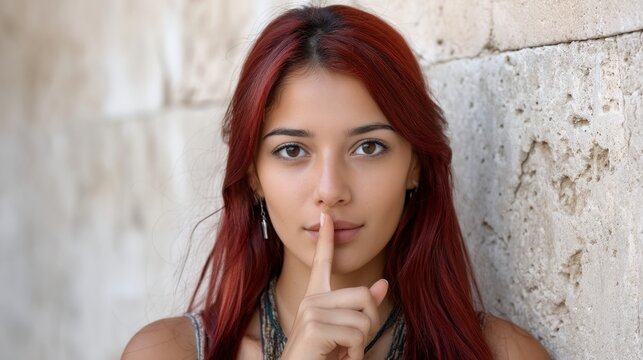 Middle Eastern girl with red hair, making a silent gesture in front of an urban wall, capturing a moment of secrecy. 