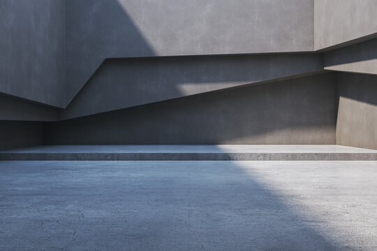 Abstract modern exterior concrete backdrop with geometric shadows and layered facade forming clean empty space for contemporary design mockup. 3D Rendering