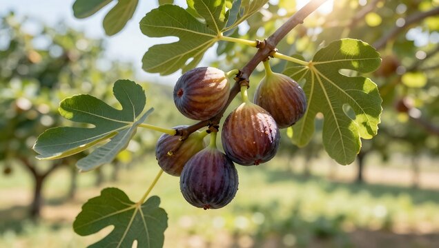 Ripe purple figs hanging from a tree branch with green leaves in a sunny orchard  fresh healthy food