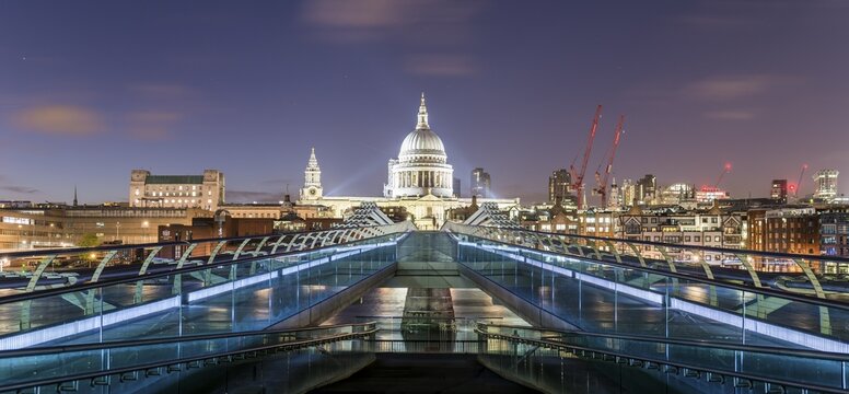 Millenium Bridge and St Paul's Cathedral by night, London, England, Great Britain