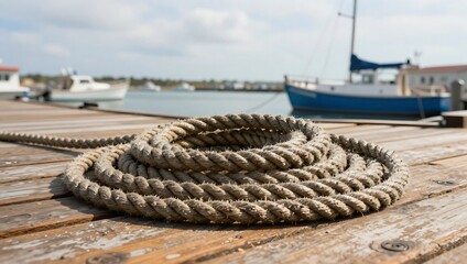 Fototapeta premium Coiled rope on wooden dock with boats in the background by the water nautical scene with cloudy sky