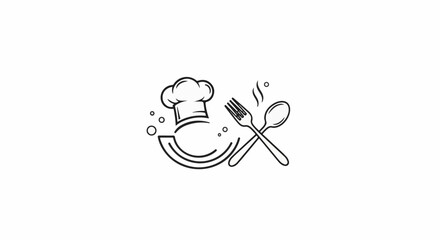 Obraz premium Chef's hat and crossed cutlery with steaming element and bubbles