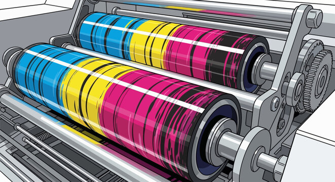 Industrial printer color ink rollers machine.