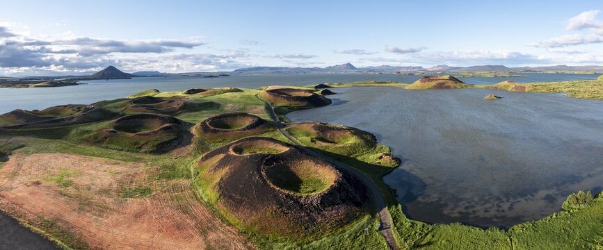 Aerial view of green volcanic crater, pseudo-crater at Lake M&yacute;vatn, Sk&uacute;tusta&eth;ir, Nor&eth;urland eystra, Iceland
